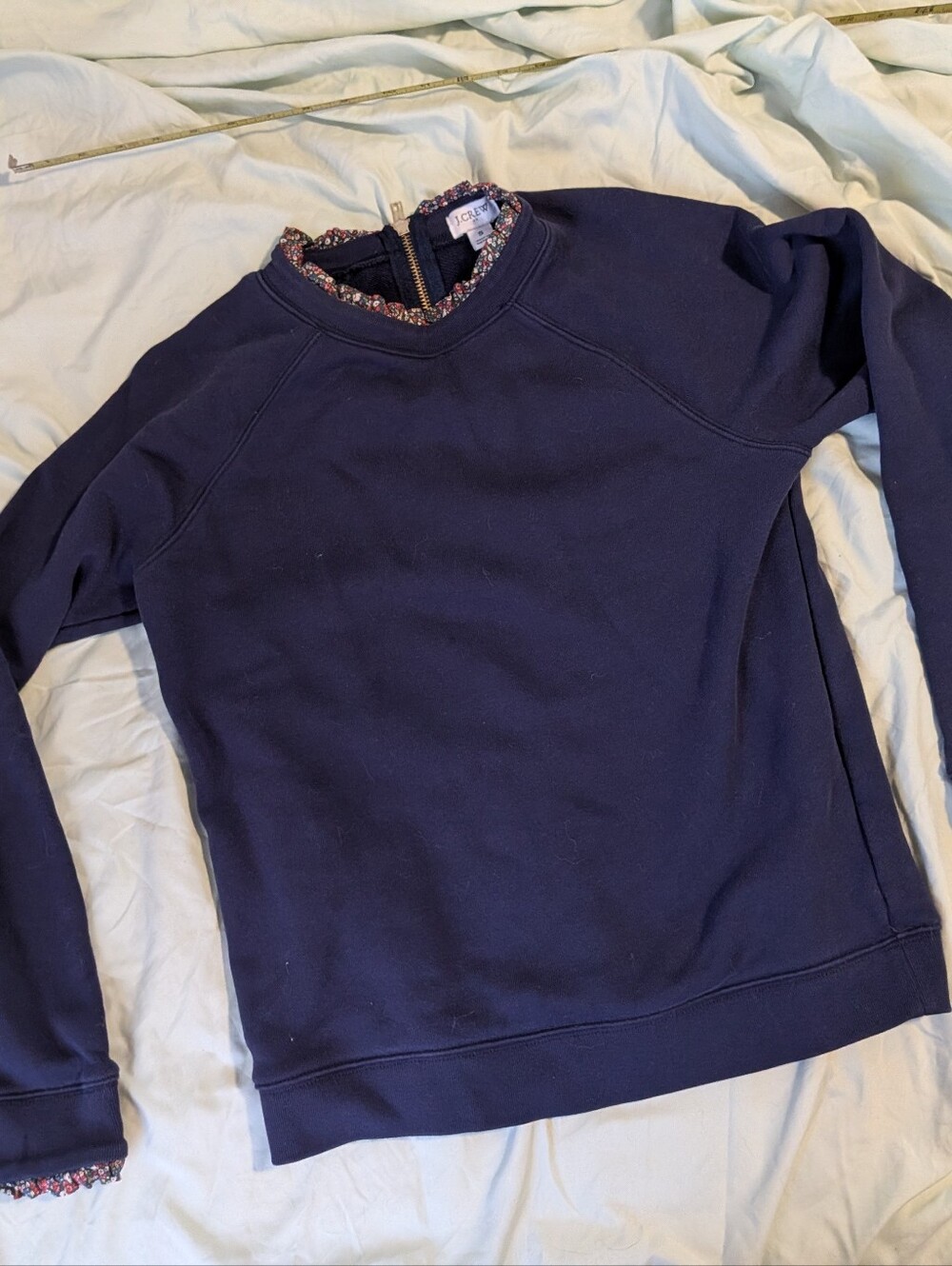 J. Crew Navy Pullover with Floral-Trim Collar